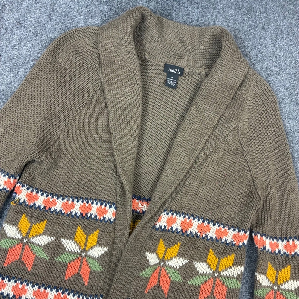 Rue21 Brown Fair Isle Floral Heart Open Front Shawl Collar Long Cardigan Medium